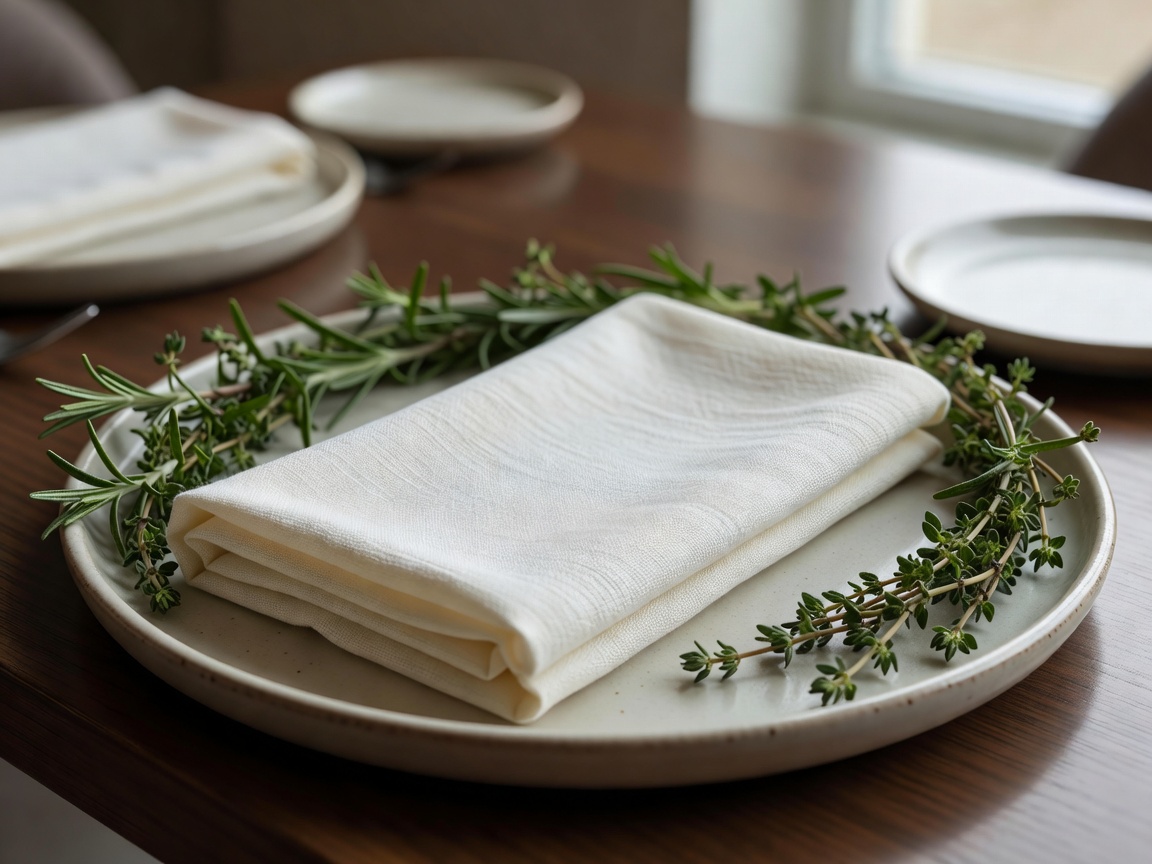 Close view of a ceramic plate, folded linen napkin and clear water glass on a restaurant table