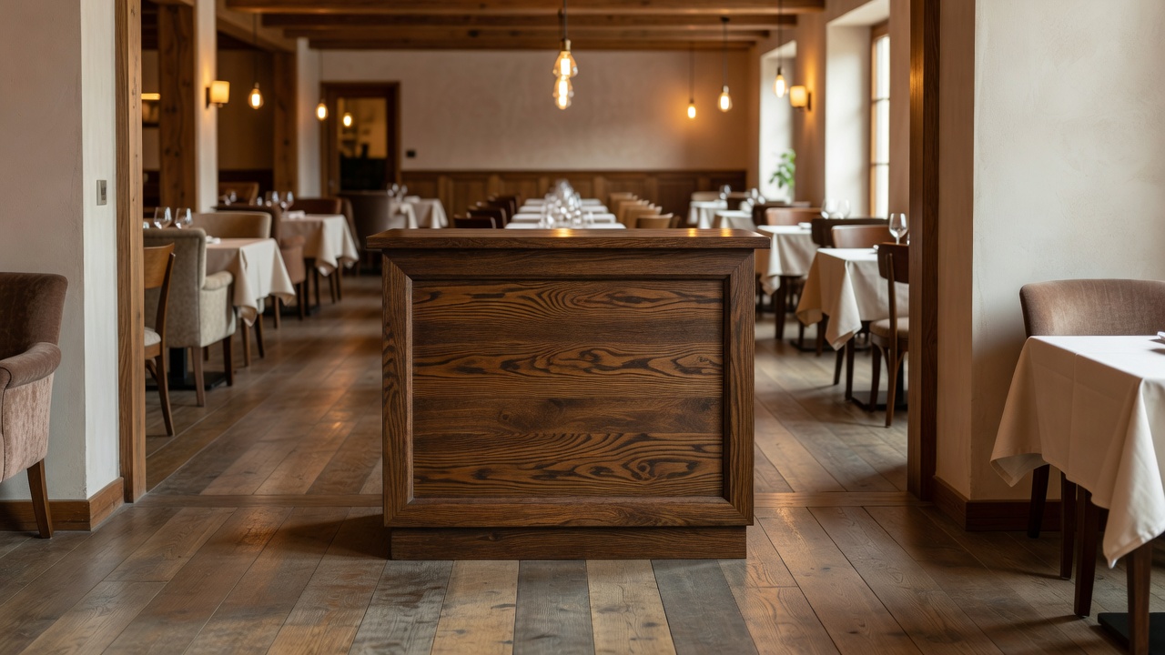 Welcoming timber host desk with an open path into a restaurant dining room